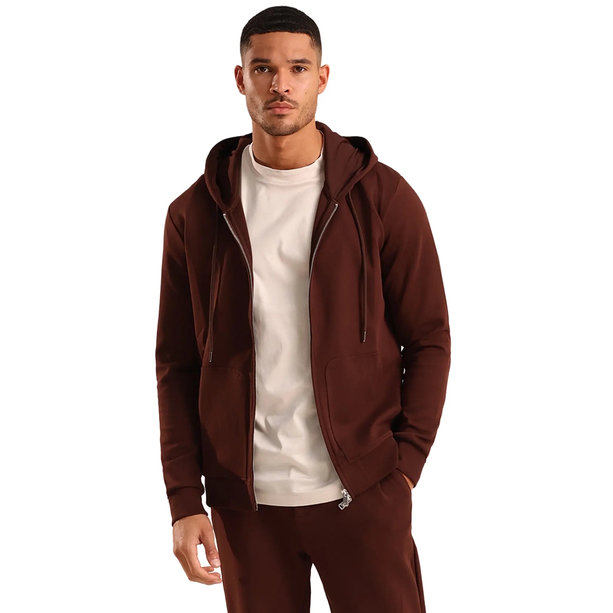 Front View of Be Gentle Sunday Essentials Dark Brown Zip-Up Hoodie